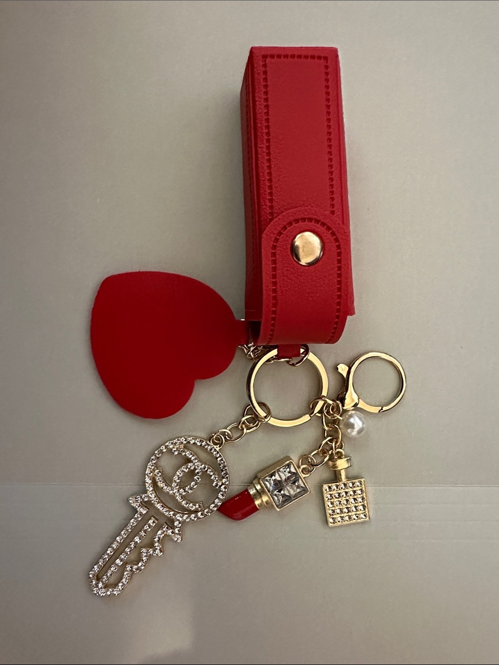 Red Heart with Lipstick Case Key & Charm Holder with Gold Accents
